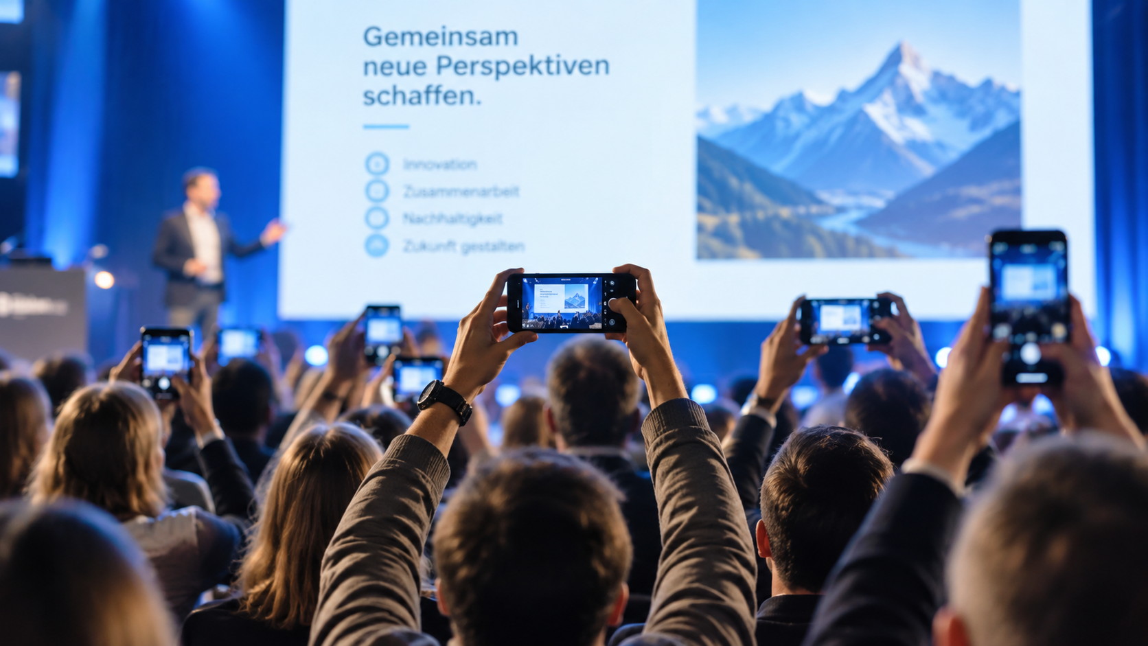 Publikum hält während eines Vortrags Handys hoch, um die Folie zu fotografieren
